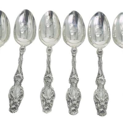 6 LARGE GORHAM STERLING SILVER LILY OVAL DESSERT / SOUP SPOONS