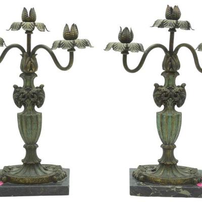 PAIR ART NOUVEAU BRONZE & MARBLE CANDELABRA 
