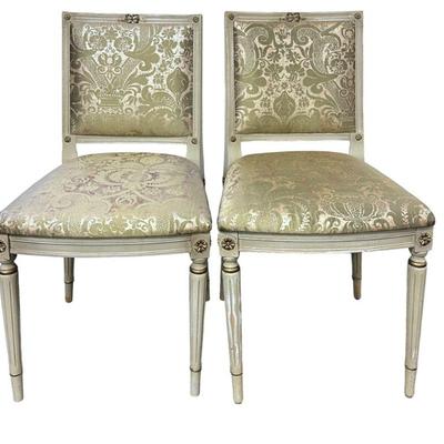 PAIR FRENCH PAINTED LOUIS XVI STYLE SILK 
UPHOLSTERED CHAIRS