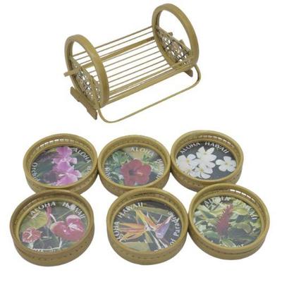 MCM HAWAIIAN FLORAL BAMBOO COASTERS - SET OF 6
