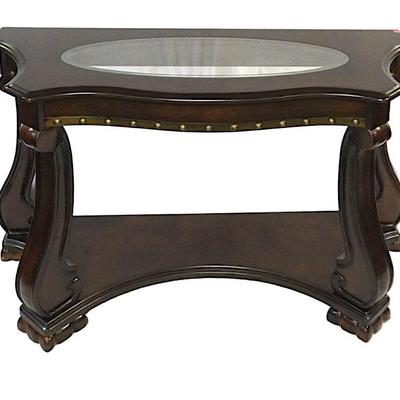 CONTEMPORARY GLASS TOP MAHOGANY SOFA TABLE