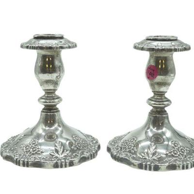 PAIR FISHER STERLING SILVER ENGLISH ROSE CANDLESTICKS