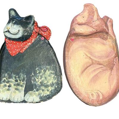 VINTAGE PAPER MACHE & WOOD  CAT & PIG SERVING PLATTER/ WALL HANGINGS - 2 PC