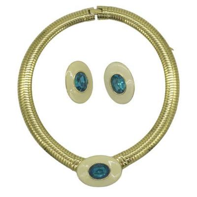 VINTAGE YSL YVES SAINT LAURENT DROP ENAMEL BLUE STONE NECKLACE AND EARRING SET