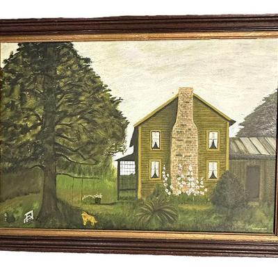 VINTAGE LUTHER REID FOLK ART HOUSE OIL PAINTING