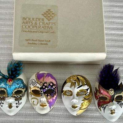 (4) Porcelain Hand Painted Mask Pins - Arts And Crafts Cooperative