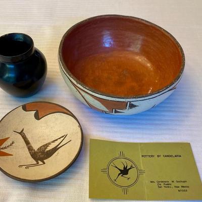 (2) Candelaria M. Gachupin Zia Pueblo San Yansidro Hand Painted Bowl And Plate, Blackware Pot (as Is)