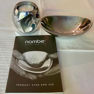 Nambe Oval Butterfly Bowl No. 573 And A Nambe Tea Light Holder With Booklet No. 6240 2002
