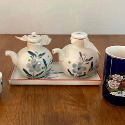 Kotobuki Sake Set, Japan Soy And Vinegar Set With Tray, (2) Cobalt Japan Cups