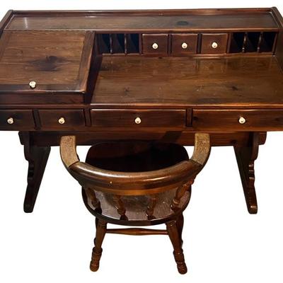Vintage Ethan Allen Old Tavern Writing Desk With Porcelain Pulls And Matching Barrel Chair