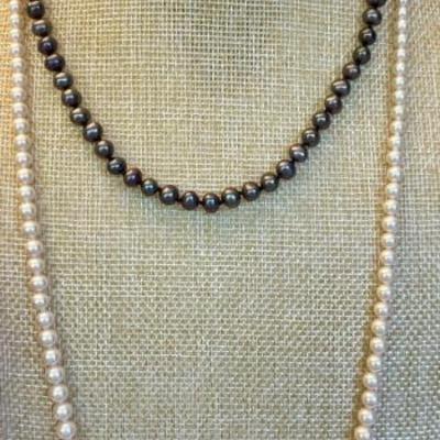 (2) Faux Pearl Necklaces - Grey And Cream With Matching Earrings