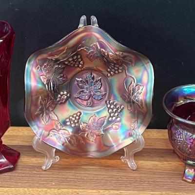Fostoria 8" Ruby Glass Coin Vase, Fenton Carnival Glass Ruffled Bowl, Fenton Carnival Ruby Red Glass Cuspidor