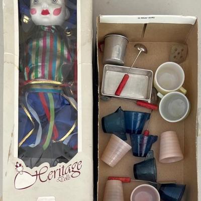 Vintage 16" Heritage Jester Doll With Assorted Metal And Glass Doll Kitchen Accessories 
