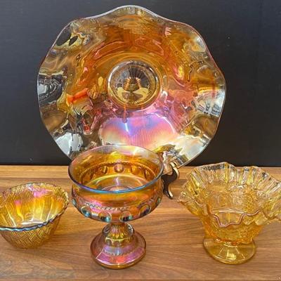 Jeanette Marigold Carnival Glass Ruffled 12" Bowl, Indiana Colony Compote, Ruffled Grape Candy Dish