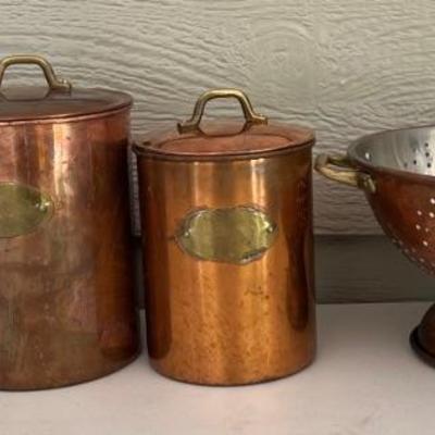 Vintage 3 Piece Copper With Brass Handles Canister Set With Colander 