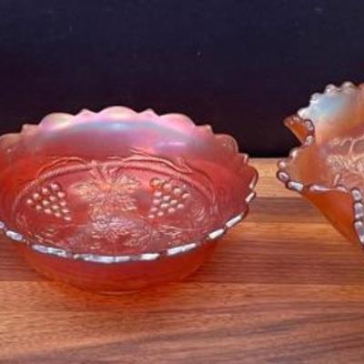 (3) Fenton Carnival Glass Bowls - (2) Grape And Cable, (1) Garland
