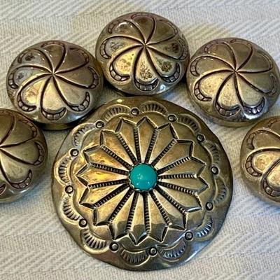 Set Of Navajo Stamped Sterling Silver And Turquoise Button Covers Signed M J - 24 Grams Total