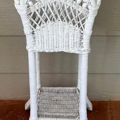 Vintage 32" White Painted Rattan 2 Tier Plant Stand