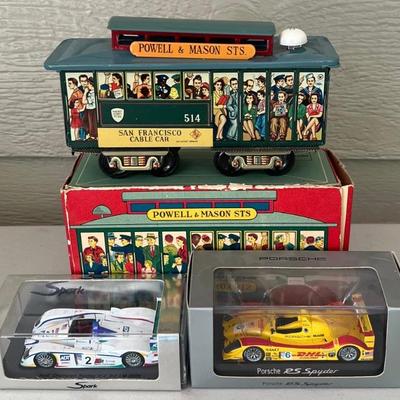 Vintage Verona Model San Francisco Cable Car With Box And (2) Die Cast Cars - Porsche RS Spider, Audi 2005