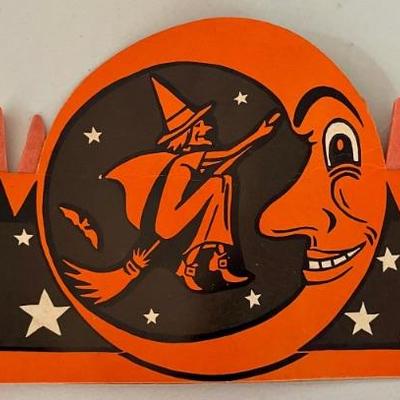 Vintage H. E. Luhrs Made In USA Halloween Paper Honeycomb Party Hat Witch & Moon 1940's