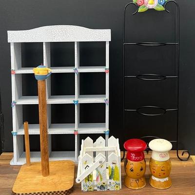 Metal Floral Mug Stand, Table Top Cube Organizer, Hand Painted Salt And Pepper, Paper Towel Holder
