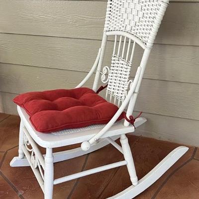 Vintage White Painted Rattan Rocker With Cushion