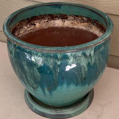 15"  X 13" Blue Drip Glaze Pottery Planter With Base