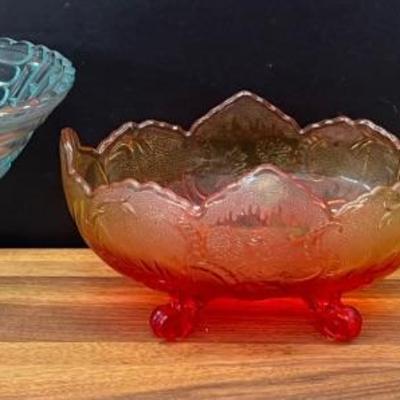 Jeanette Lombardi Amberina Footed Carnival Glass Bowl, Opalescent Glass Compote, Jeanette Louisa Fruit Bowl