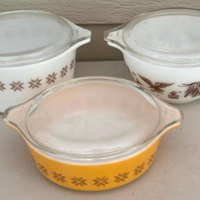 (3) Vintage Pyrex Casseroles - (2) Town And Country And (1) White And Brown Cinderella