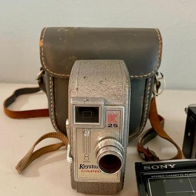 Vintage Keystone Capri K 25 Movie Camera With Leather Case, Sony Walkman, Kodak Instamatic 300