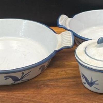 (3) Vintage Pieces Of Husqvarna Enamel Cast Iron Bluebird - (2) Casseroles And Butter Warmer