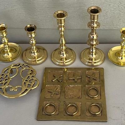 MCM Heavy Solid Brass Tic Tac Toe Set With Trivet And Baldwin Candle Holders