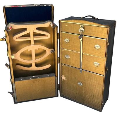 1920's Steamer Trunk With Drawers, Wood Hangers, And Keys Migrated From Greece Through Ellis Island 