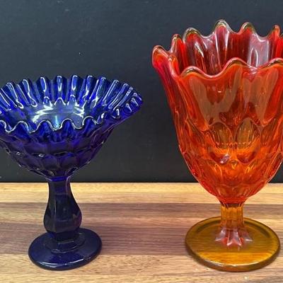 Vintage Fenton Colonial Orange Thumbprint Handkerchief Vase, Fenton Cobalt Blue Thumbprint Ruffled Dish