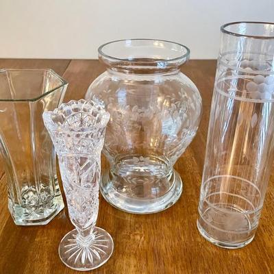 (4) Vases - (1) Hofbauer Etched Byrds Lead Crystal, (1) Etched Floral, Octagonal Hoosier Glass
