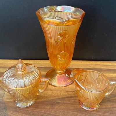 Jeanette Marigold Carnival Glass Iridescent Vase, Cream, And Sugar