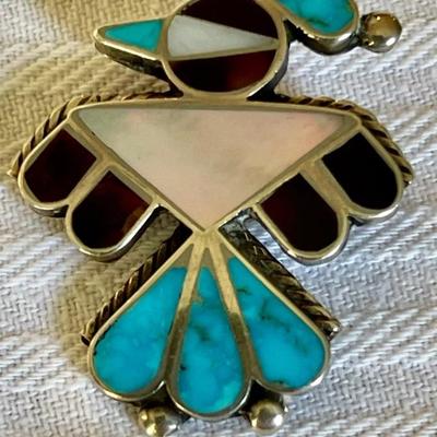 Zuni Inlay Thunder Bird Pin - Mother Of Pearl, Turquoise, Tigers Eye - 3 Grams Total