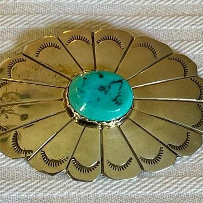 Navajo Sterling Silver And Turquoise Stamped Pin Signed D. H. - 12 Grams Total