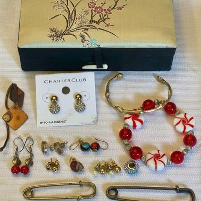 Vintage Asian Satin Jewelry Box With Earrings , Bracelets, And Pins