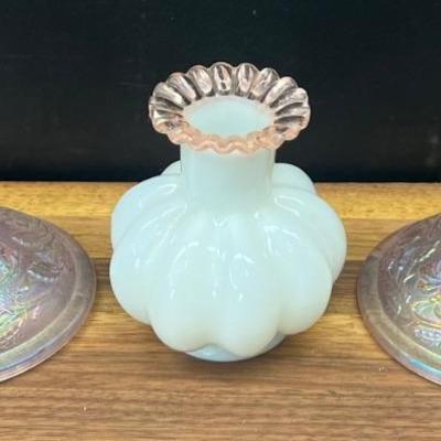 Pair Of Fenton Pink Iridescent Candle Holders And A Cased Fenton Melon Vase With Pink Glass Rim