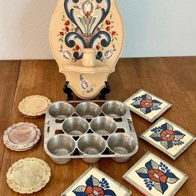 Antique England Muffin Tin, Tole Painted Candle Holder, (6) Alabaster Coasters, (4) Hand Painted Tile Coasters