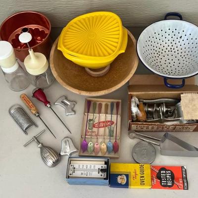 Vintage Kitchen And Cookware - Tallstirs, Ice Picks, Enamel Colander, Food Choppers, Tupperware, And More