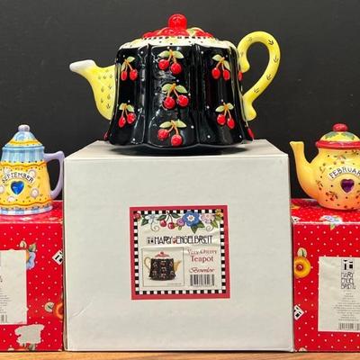 (3) Mary Engelbreit Tea Pots With Boxes - Very Cherry Tea Pot, Mini September And February 