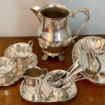 WM Rogers, Paul Revere, Cheshire, Oneida, Sheridan - Silver Plate Condiment Sets, Pitcher, And Serving Peices