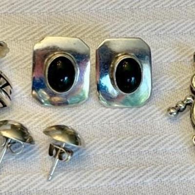 (3) Pairs Of Sterling Silver Earrings - (1) With Black Onyx, (2) With Amethyst Charms - 18 Grams Total