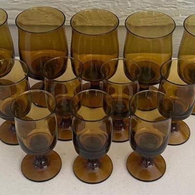 (12) Vintage Amber Glass Stemmed Cordial Glasses 