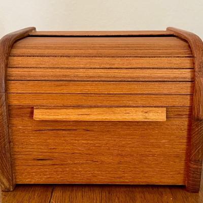 Solid Teak Roll Top Card Box With Cards