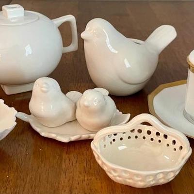 White Porcelain Tea Forte Tea Pot, Bird Salt And Pepper, Limoges Chocolate Pot, (@) Small Bowls