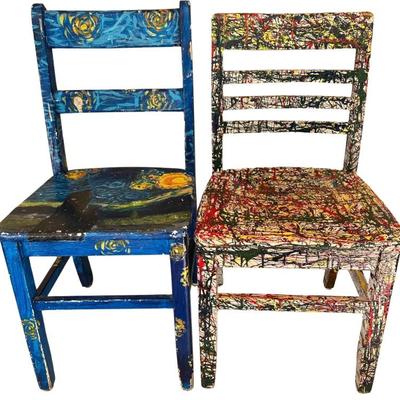 (2) Abstract Hand Painted Ladder Back Chairs