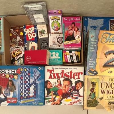 Assorted Board Game And Card Lot - Uno, Skipbo, Twister, Connect Four, Golden Girls, (as Is)